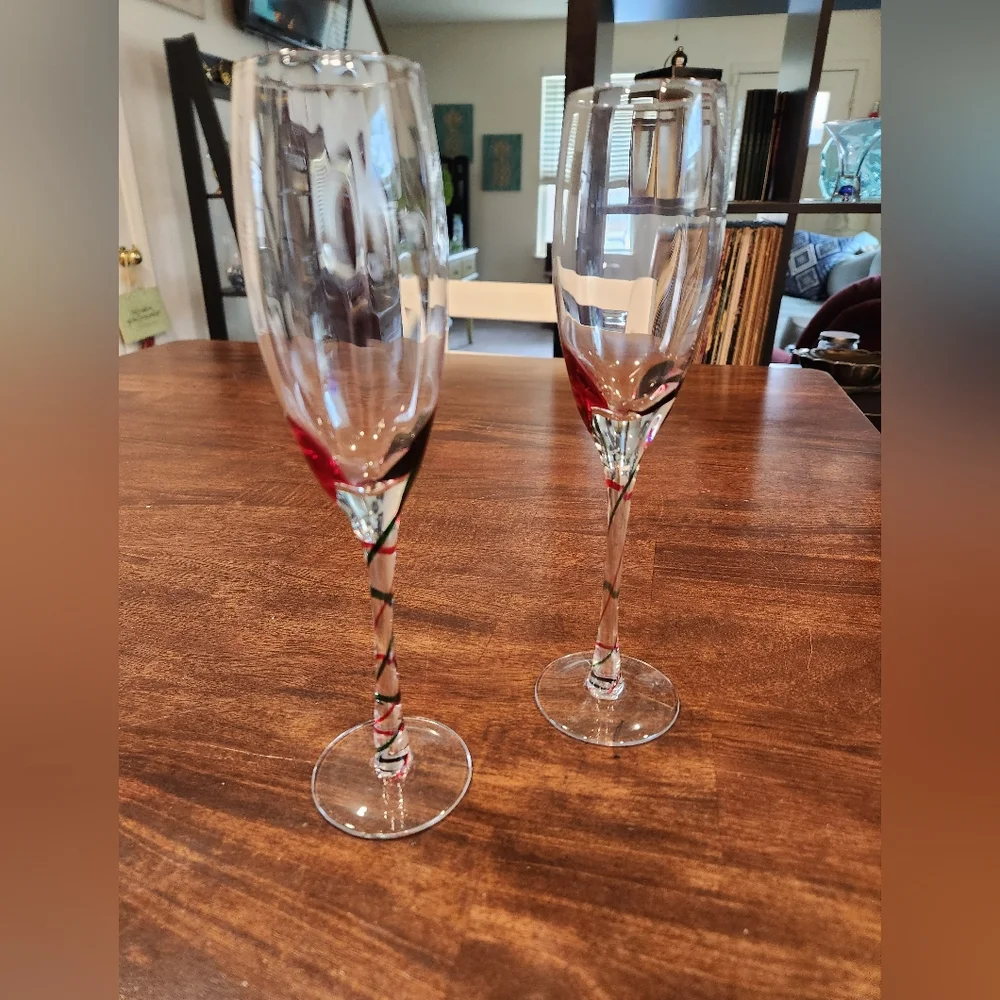 Set of 2 Pier 1 Swirl Stem Holiday Champagne Glass Flutes